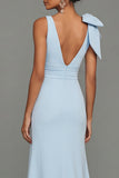 Dark Green Bow Ruffle V-Neck Evening Dress With Slit