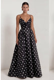 Black A Line Backless Spaghetti Straps White Polka Dot Dress