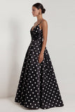 Black A Line Backless Spaghetti Straps White Polka Dot Dress
