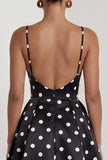 Black A Line Backless Spaghetti Straps White Polka Dot Dress