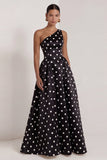 One Shoulder Satin Black White Polka Dot A Line Long Evening Dress