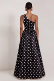 One Shoulder Satin Black White Polka Dot A Line Long Evening Dress