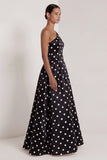 One Shoulder Satin Black White Polka Dot A Line Long Evening Dress