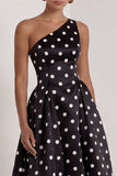 One Shoulder Satin Black White Polka Dot A Line Long Evening Dress