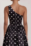 One Shoulder Satin Black White Polka Dot A Line Long Evening Dress