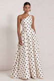 One Shoulder Satin Black White Polka Dot A Line Long Evening Dress