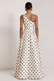 One Shoulder Satin Black White Polka Dot A Line Long Evening Dress