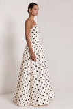 One Shoulder Satin Black White Polka Dot A Line Long Evening Dress