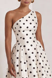 One Shoulder Satin Black White Polka Dot A Line Long Evening Dress