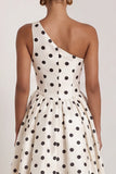 One Shoulder Satin Black White Polka Dot A Line Long Evening Dress