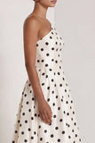 One Shoulder Satin Black White Polka Dot A Line Long Evening Dress