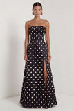 Black White Polka Dot Strapless A Line Evening Dress With Slit