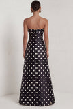 Black White Polka Dot Strapless A Line Evening Dress With Slit