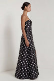 Black White Polka Dot Strapless A Line Evening Dress With Slit