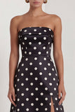 Black White Polka Dot Strapless A Line Evening Dress With Slit