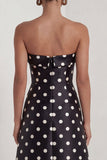 Black White Polka Dot Strapless A Line Evening Dress With Slit