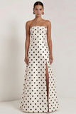 Black White Polka Dot Strapless A Line Evening Dress With Slit