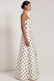 Black White Polka Dot Strapless A Line Evening Dress With Slit