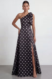 One Shoulder Bow Black White Polka Dot A Line Evening Dress With Slit