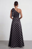 One Shoulder Bow Black White Polka Dot A Line Evening Dress With Slit