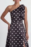 One Shoulder Bow Black White Polka Dot A Line Evening Dress With Slit