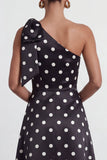 One Shoulder Bow Black White Polka Dot A Line Evening Dress With Slit