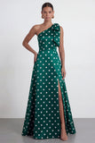 One Shoulder Bow Black White Polka Dot A Line Evening Dress With Slit