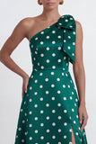 One Shoulder Bow Black White Polka Dot A Line Evening Dress With Slit