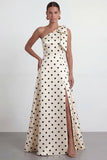 One Shoulder Bow Black White Polka Dot A Line Evening Dress With Slit