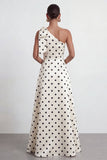 One Shoulder Bow Black White Polka Dot A Line Evening Dress With Slit