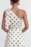 One Shoulder Bow Black White Polka Dot A Line Evening Dress With Slit
