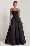 Black Polka Dot Square Neck A Line Evening Dress With Back Bow