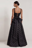 Black Polka Dot Square Neck A Line Evening Dress With Back Bow