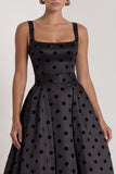 Black Polka Dot Square Neck A Line Evening Dress With Back Bow