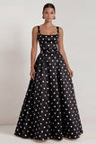 Black Polka Dot Square Neck A Line Evening Dress With Back Bow