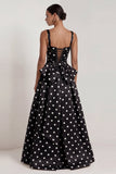 Black Polka Dot Square Neck A Line Evening Dress With Back Bow