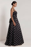 Black Polka Dot Square Neck A Line Evening Dress With Back Bow