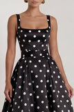 Black Polka Dot Square Neck A Line Evening Dress With Back Bow