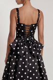 Black Polka Dot Square Neck A Line Evening Dress With Back Bow