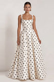 Black Polka Dot Square Neck A Line Evening Dress With Back Bow