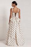 Black Polka Dot Square Neck A Line Evening Dress With Back Bow