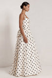 Black Polka Dot Square Neck A Line Evening Dress With Back Bow