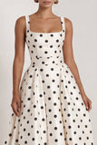 Black Polka Dot Square Neck A Line Evening Dress With Back Bow