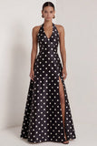 Halter Black White A Line Polka Dot Dress with Slit