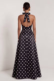 Halter Black White A Line Polka Dot Dress with Slit