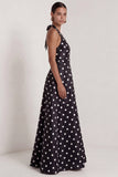 Halter Black White A Line Polka Dot Dress with Slit