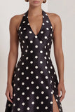 Halter Black White A Line Polka Dot Dress with Slit