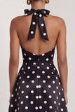 Halter Black White A Line Polka Dot Dress with Slit