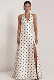 Halter Black White A Line Polka Dot Dress with Slit