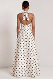 Halter Black White A Line Polka Dot Dress with Slit